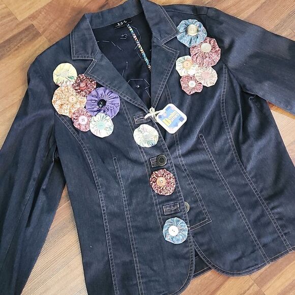 Vintage Lightweight Dark Denim Stretch Upcycled Statement Blazer Jacket - Picture 1 of 9